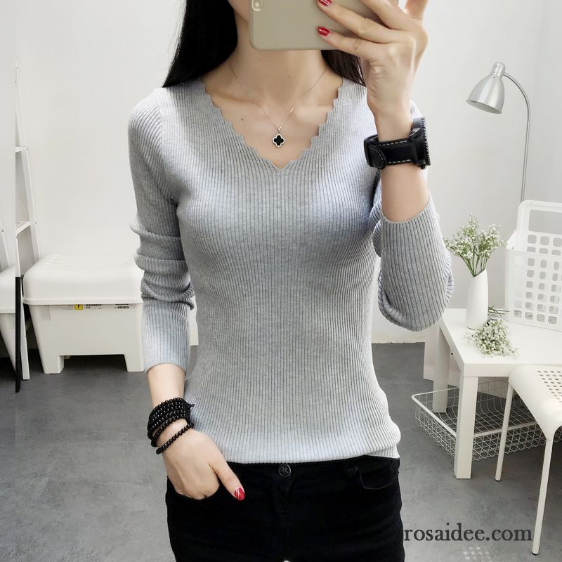 Kurzarmpullover Damen Lange Ärmel Pullover Damen Kurzer Absatz Grau Rein Allgleiches Elastisch Fest Schlank Unteres Hemd Strickwaren Rabatt