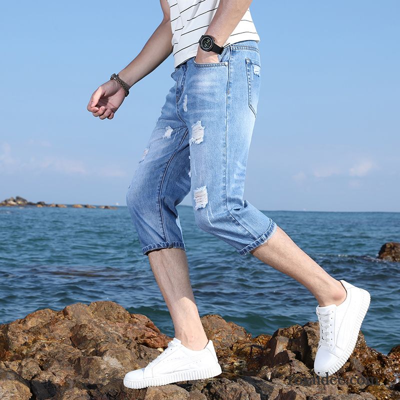 Kurze Hosen Herren Dünn Sommer Geschnittene Hose Löcher Jeans Trend Blau