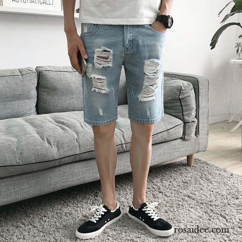 Kurze Hosen Herren Lose Sommer Trend Löcher Dünn Blau