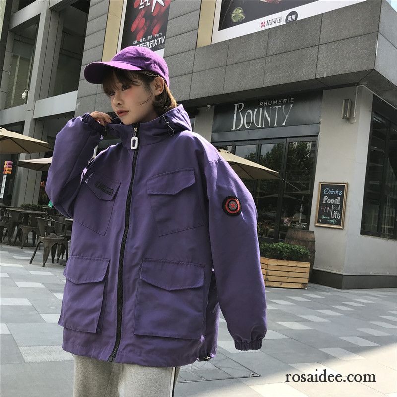 Kurze Jacke Mit Fellkapuze Tasche Werkzeugbau Damen Adretten Stil Jacke Neu Schüler Lose Bolero Violett Mit Kapuze