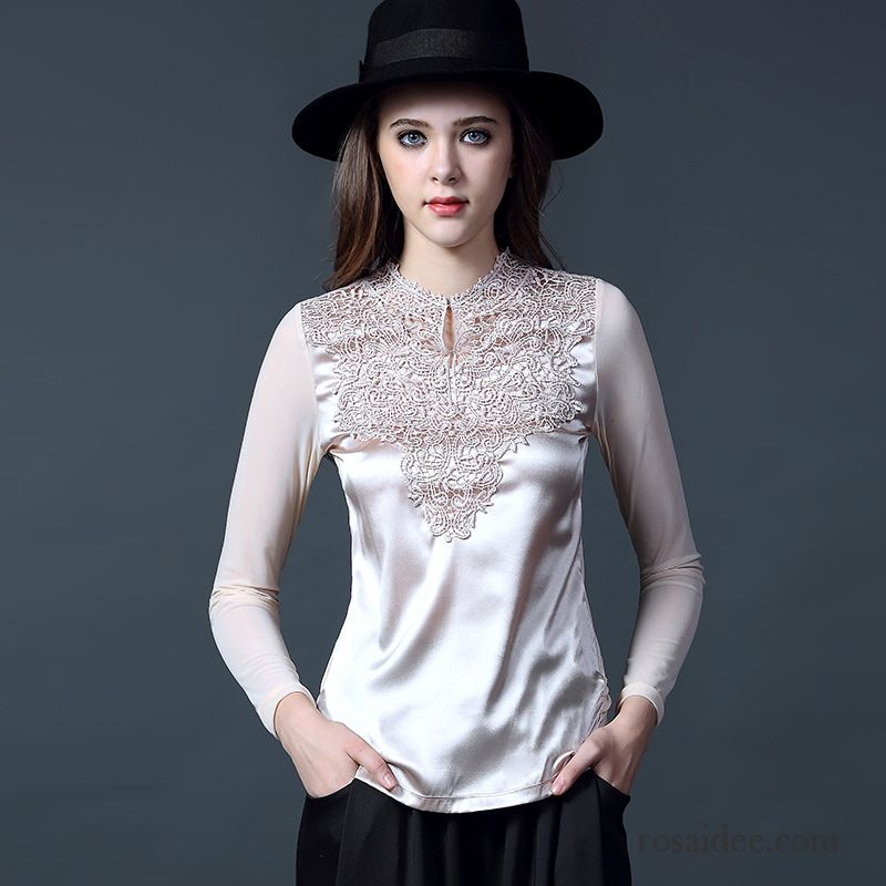 Lange T Shirts Für Frauen Herbst Seide Elegant Trend Mode Neue Schlank Damen Lange Ärmel Nettogarn Spleißen Unteres Hemd High-end Billig