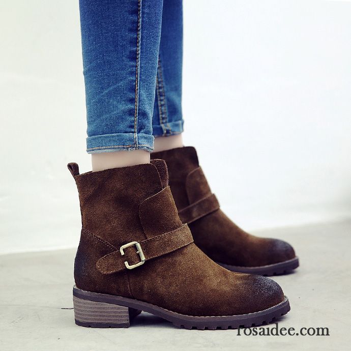 Leder Boots Damen Braun Kurze Dick Winter Damen Plus Samt Martin Stiehlt Herbst England Retro Echtleder Gefrostet Neue Kaufen