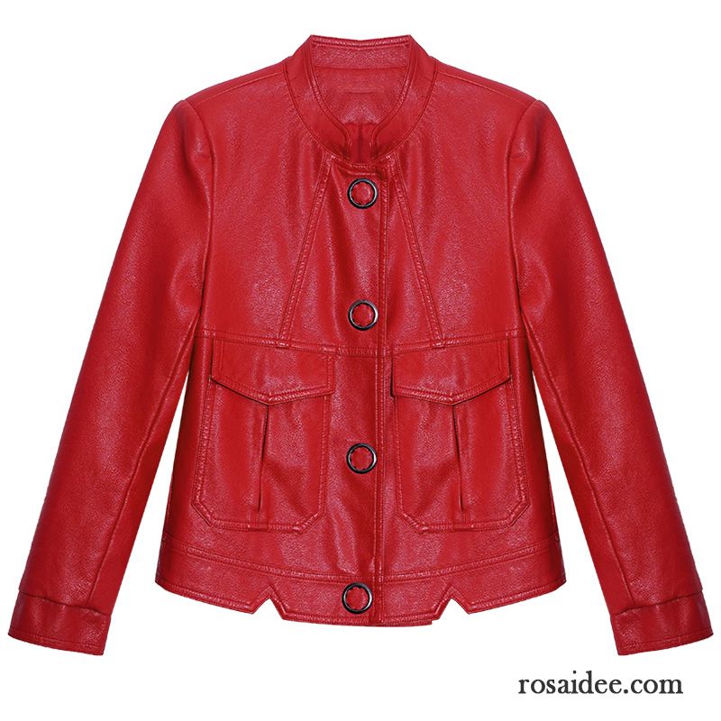 Lederjacke Damen Feder Mode Kurzer Absatz Neu Überzieher Rot