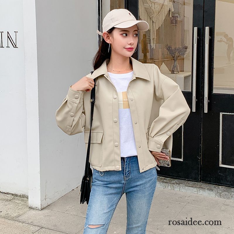 Lederjacke Damen Große Größe Feder Überzieher Dünn Kurzer Absatz Neu Beige Farbe