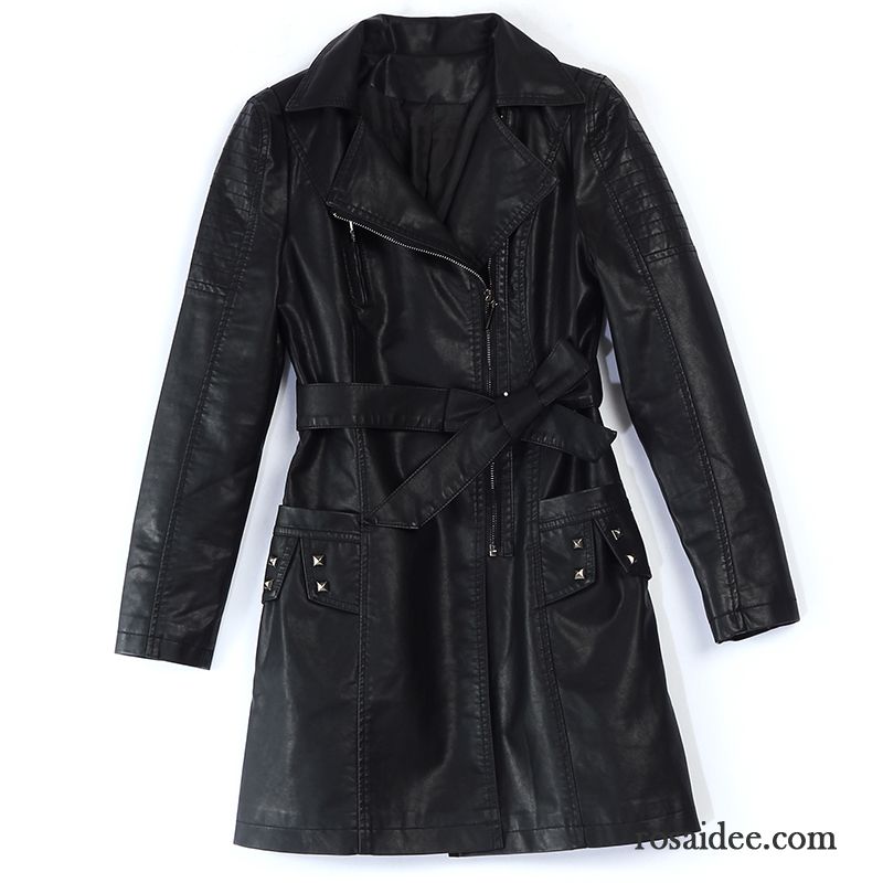 Lederjacke Damen Herbst Mode Tasche Reißverschluss Lange Ärmel Neu Schwarz