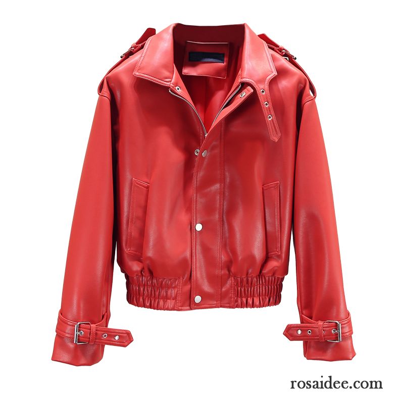 Lederjacke Damen Lose Kurzer Absatz Feder Trend Elastisch Überzieher Rot