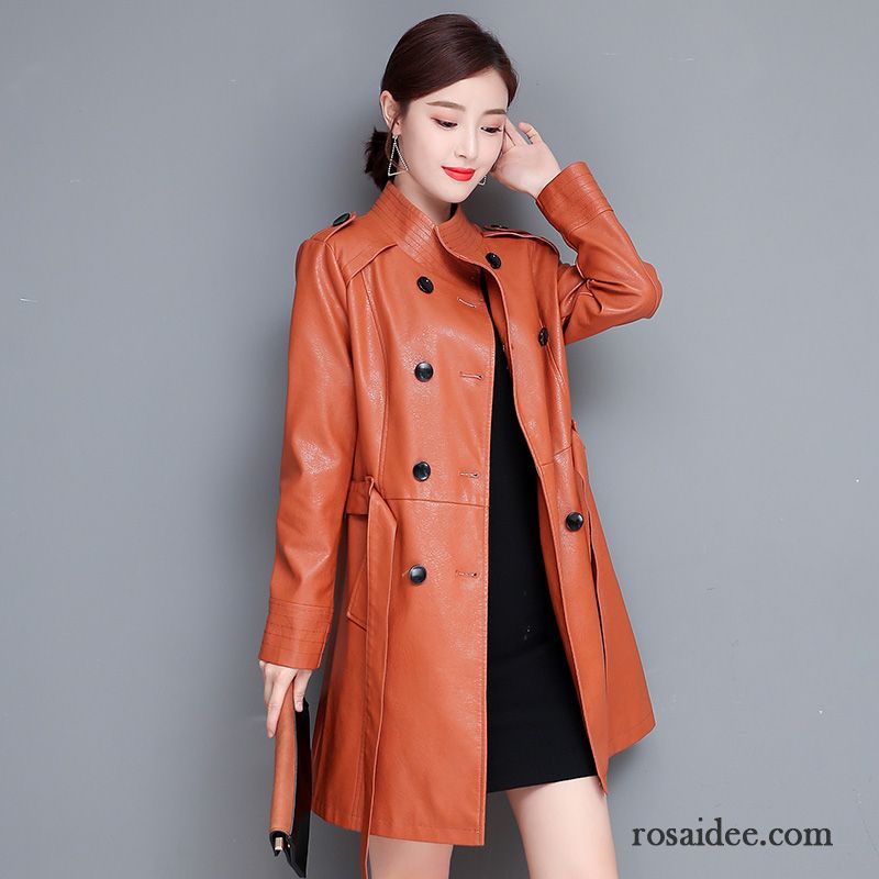 Lederjacke Damen Mantel Feder Überzieher Große Größe Neu Langer Abschnitt Orange