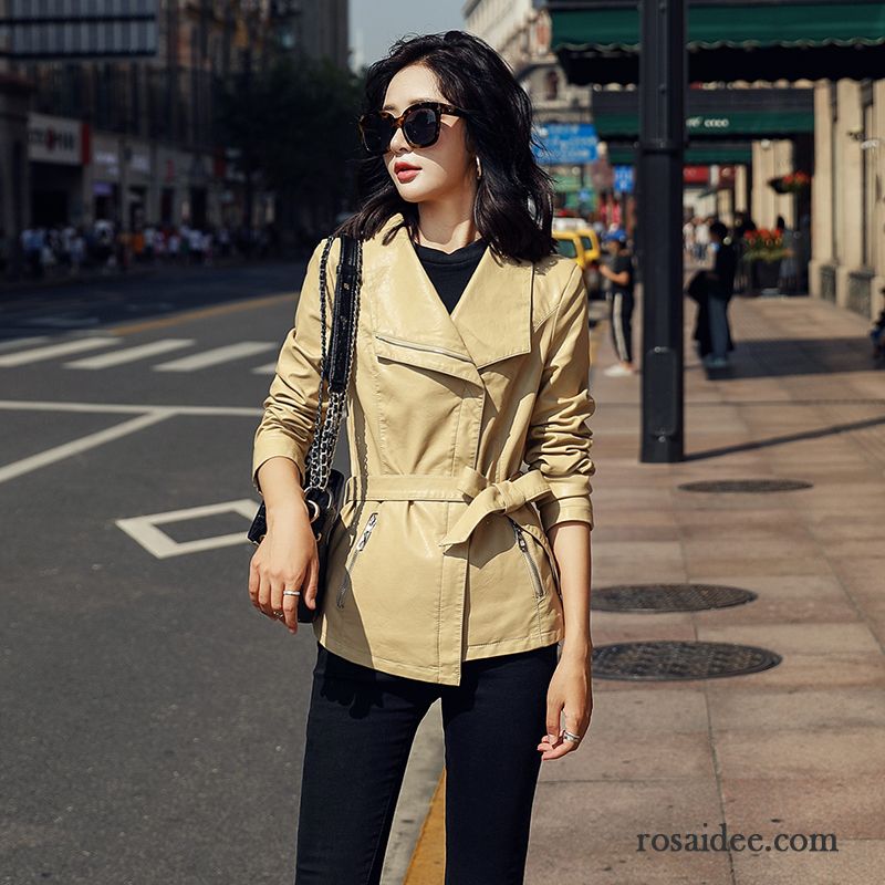 Lederjacke Damen Mode Trend Pu Große Größe Überzieher Dünn Beige