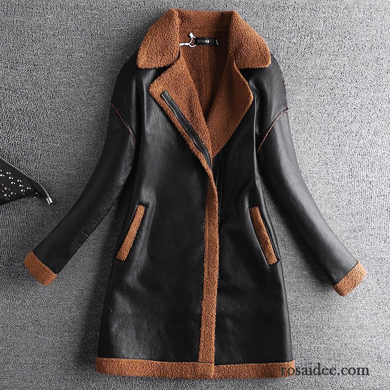 Lederjacke Damen Plus Samt Baumwolle Langer Abschnitt Warme Trend Verdickung Schwarz