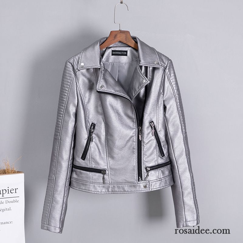 Lederjacke Damen Pu Kurzer Absatz Feder Herbst Mode Schlank Silber