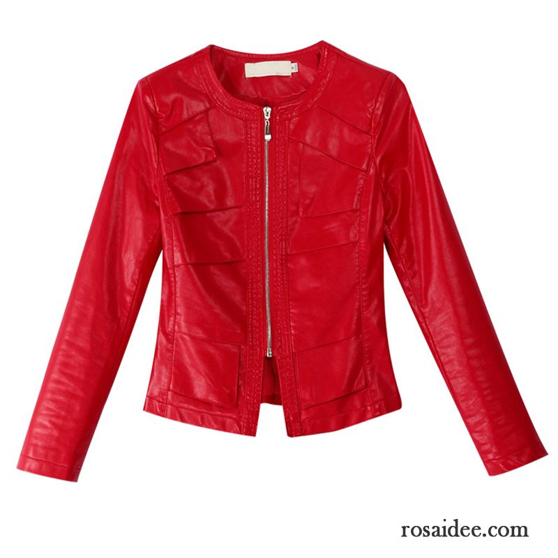 Lederjacke Damen Überzieher Feder Allgleiches Lange Ärmel Trend Kurzer Absatz Rot