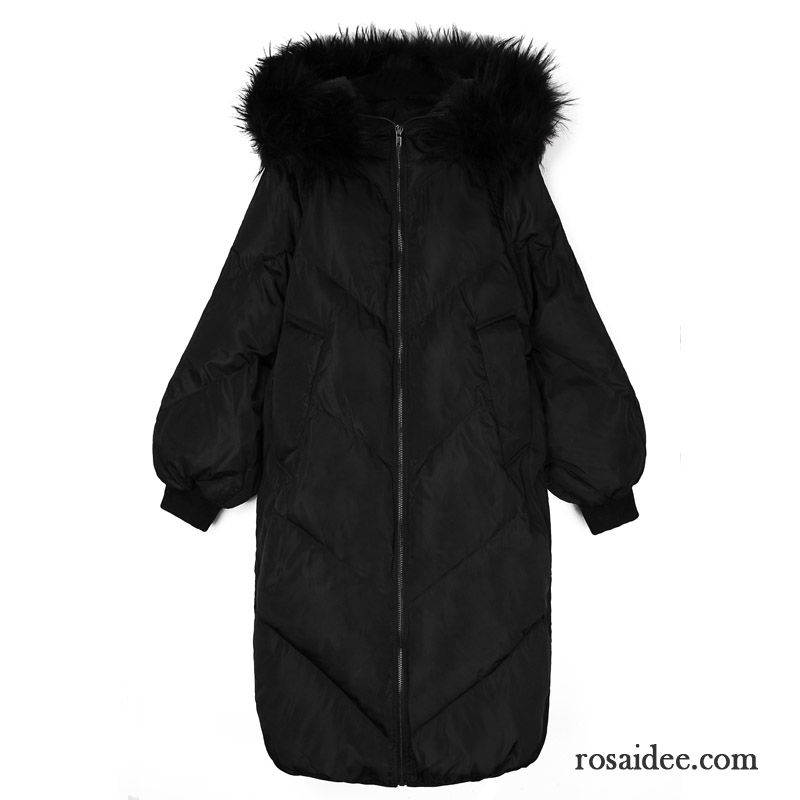 Leichte Daunenjacken Damen Günstig Schwarz Langer Abschnitt Lose Neu Großer Pelzkragen Damen Cape Trend Winter Mode Daunenjacke Verdickung