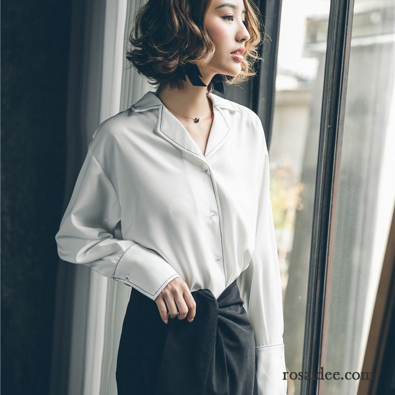 Longbluse Damen Weiss Rein Einreihige Taste Blusen Herbst Damen Seide Allgleiches Neue Lange Ärmel Original Günstig