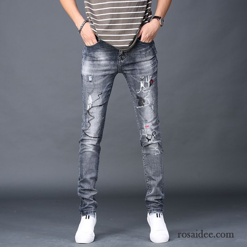 Markenjeans Herren Günstig Freizeit Hose Elastisch Trend Schmales Bein Schlank Schwarz Herren Herbst Stickerei Grau Jeans Löcher Neu Billig