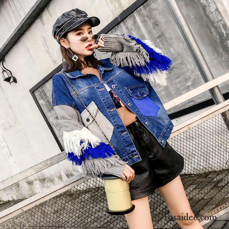 Moderne Jacken Damen Damen Quaste Lose Mantel Stricken Spleißen Herbst Jacke Schüler Neu Bolero Blau Verkaufen