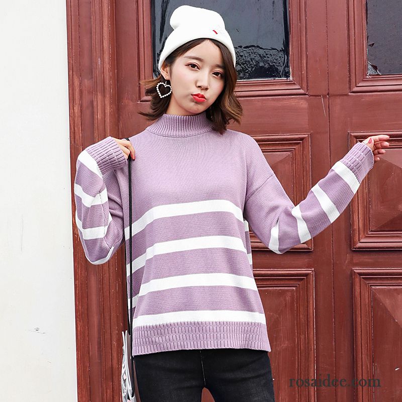 Pullover Damen Günstig Lange Ärmel Herbst Pullover Damen Rundausschnitt Streifen Süß Winter Mädchen Violett Neu Strickwaren Lose Verkaufen