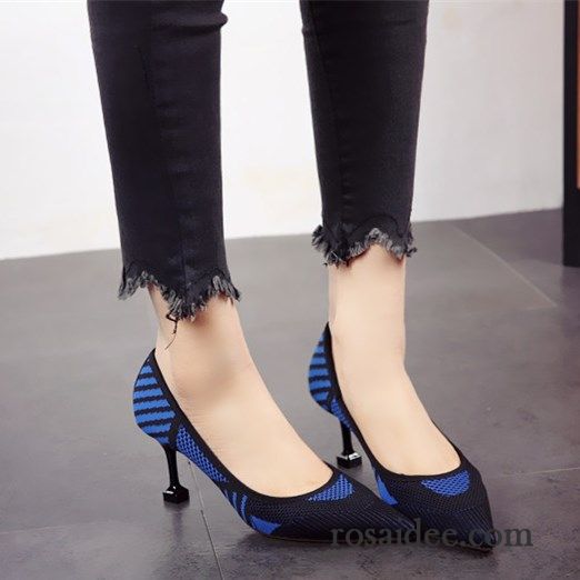 Pumps Schwarz Gold Spitze Blau Schnürschuhe Neue Damen Echtleder Temperament Stricken Dünne Fersen Mischfarben Pumps Feder Billig