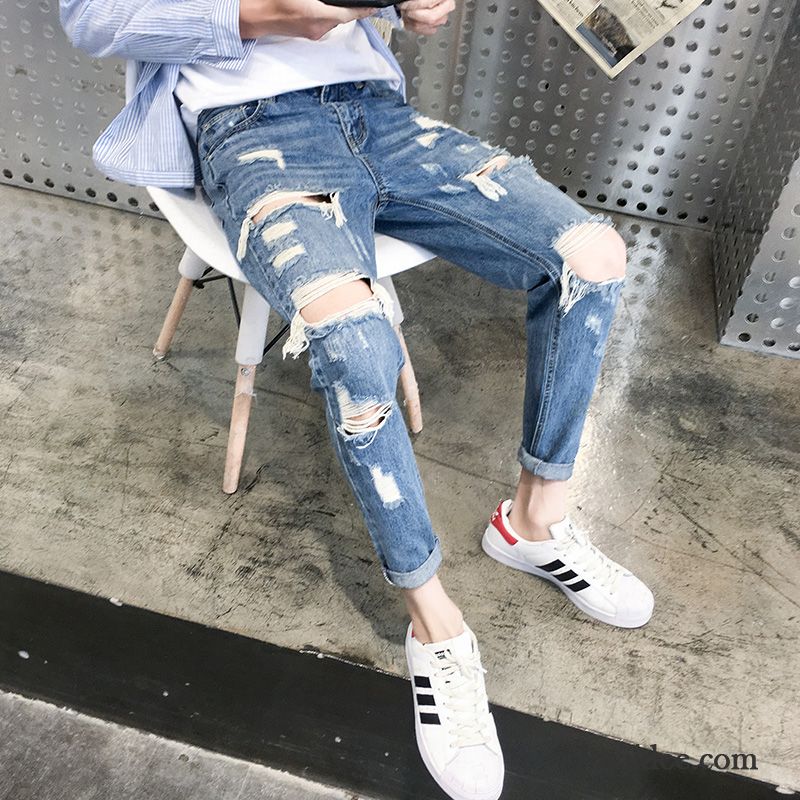 Relaxed Jeans Herren Hose Schlank Dünn Löcher Blau Trend Sommer Herren Schmales Bein Jeans Billig