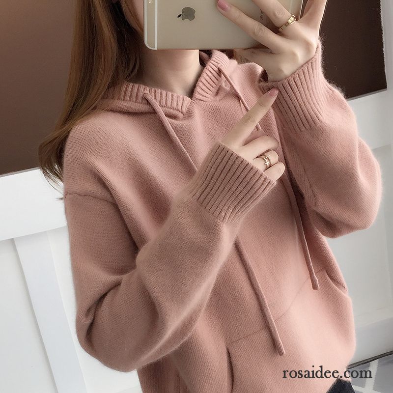 Roter Strickpullover Damen Kurzer Absatz Mit Kapuze Winter Lange Ärmel Herbst Leder Rosa Strickwaren Damen Schüler Tasche Pullover Neu Hoodies Günstig