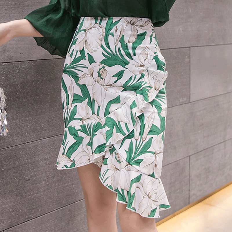 Röcke Damen Unregelmäßig Schlauchrock Blume Fischschwanz Blumen A-linie Rock Grün