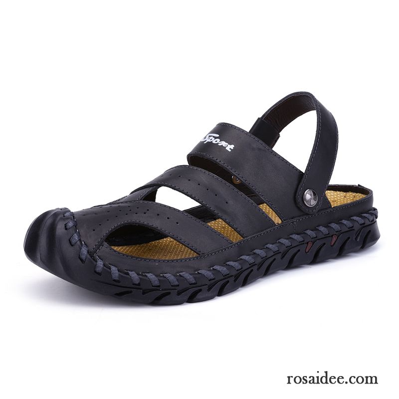 Sandalen Herren Echtleder Pantolette Jugend Sommer Weiche Sohle Neue Sandfarben Schwarz