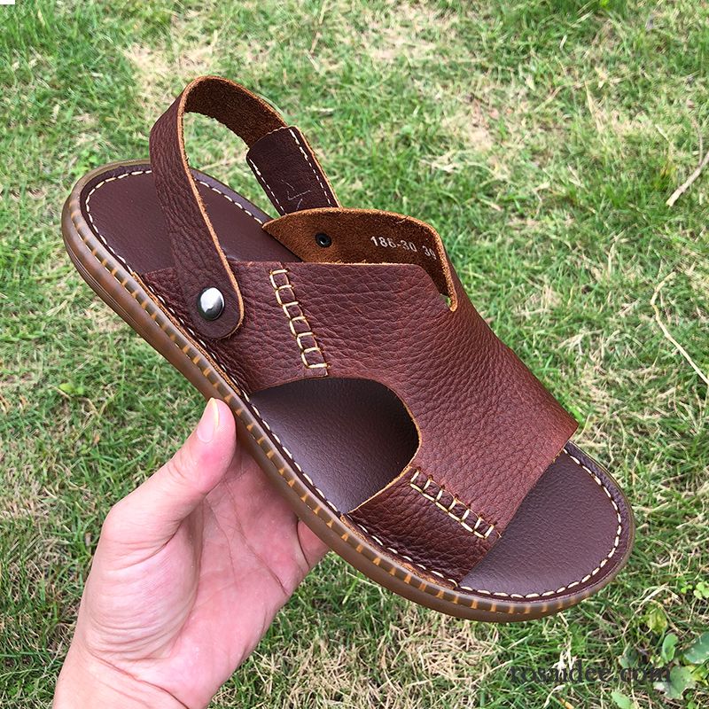 Sandalen Herren Hausschuhe Weiche Sohle Casual Leder Neue Echtleder Braun Dunkel