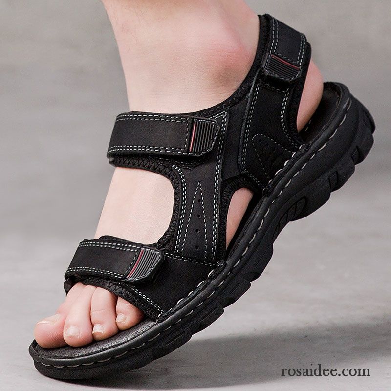 Sandalen Herren Neue Sommer Pantolette Allgleiches Trend Echtleder Sandfarben Schwarz