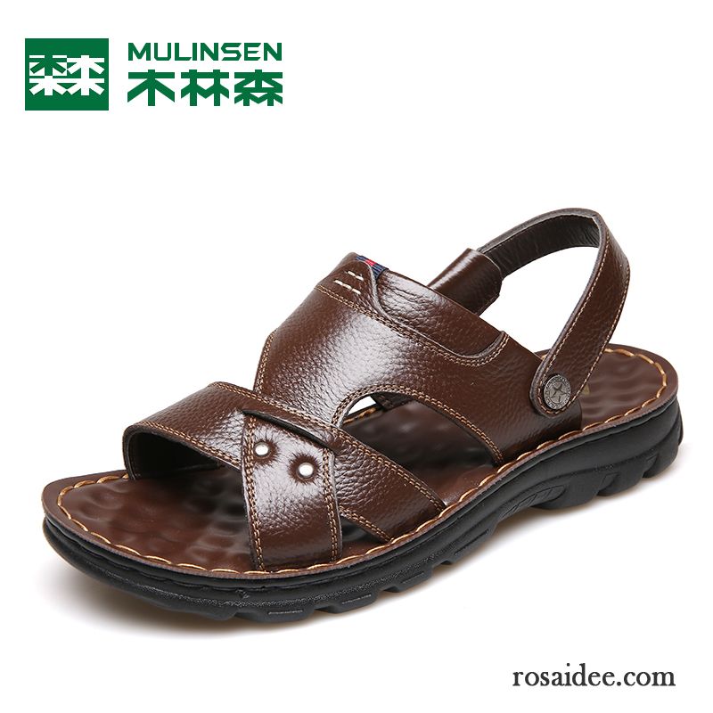 Sandalen Herren Pantolette Echtleder Neue Weiche Sohle Casual Sommer Sandfarben Braun