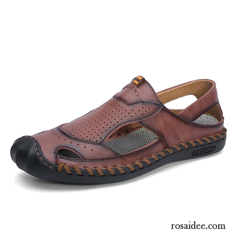 Sandalen Herren Trend Echtleder Sommer Hohl Weiche Sohle Rutschsicher Sandfarben Braun