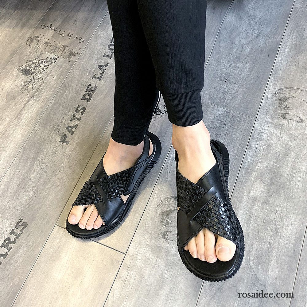 Sandalen Herren Trend Neue Sommer Weberei Rom Echtleder Sandfarben Schwarz