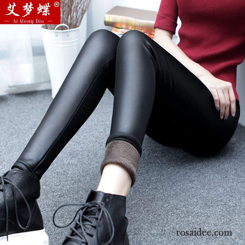 Schwarz Weiße Hose Feder Schmales Bein Plus Samt Fest Outwear Leder Hose Schwarz Verdickung Herbst Leggings Unter Winter Damen Große Größe Rabatt