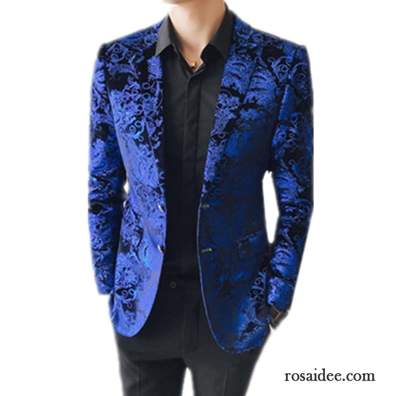 Slim Fit Anzüge Günstig Herren Blau Überzieher Jugend Blumen Blazer Anzüg Persönlichkeit Trend Kleid Verkaufen