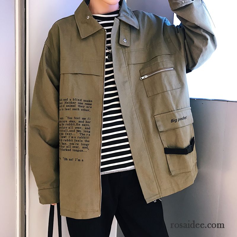 Steppjacke Grün Herren Lose Herren Überzieher Trend Herbst Neu Drucken Militärgrün Werkzeugbau Freizeit Revers Jacke Retro Kaufen