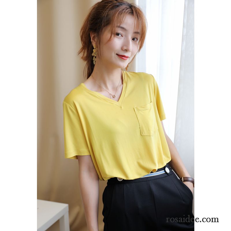 T-shirts Damen Klassisch Farbe Tasche Waschen Gelb