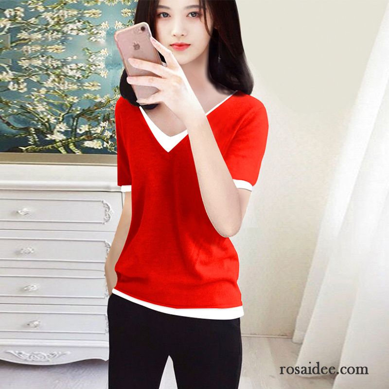 T-shirts Damen Mantel Allgleiches Neu Mode V-ausschnitt Rot