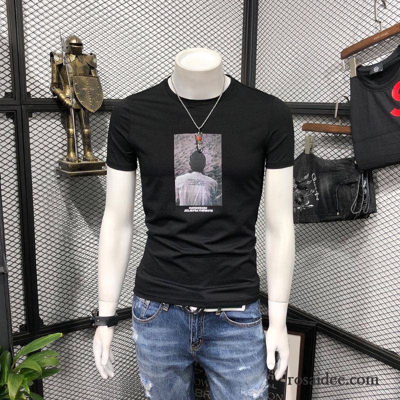 T-shirts Herren Schlank Trend Halb Ärmel Rundhals Jugend Unteres Hemd Schwarz