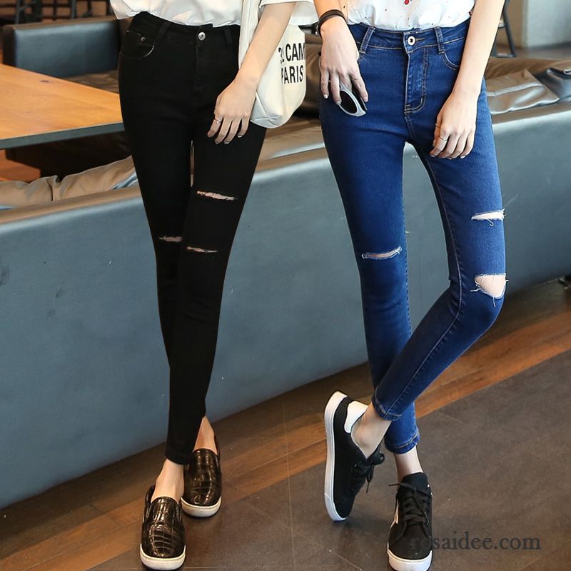Weiß Jeans Löchern Hohe Taille Fest Damen Jeans Löcher Schwarz Neunte Hose Schüler Dünn Elastisch Billig